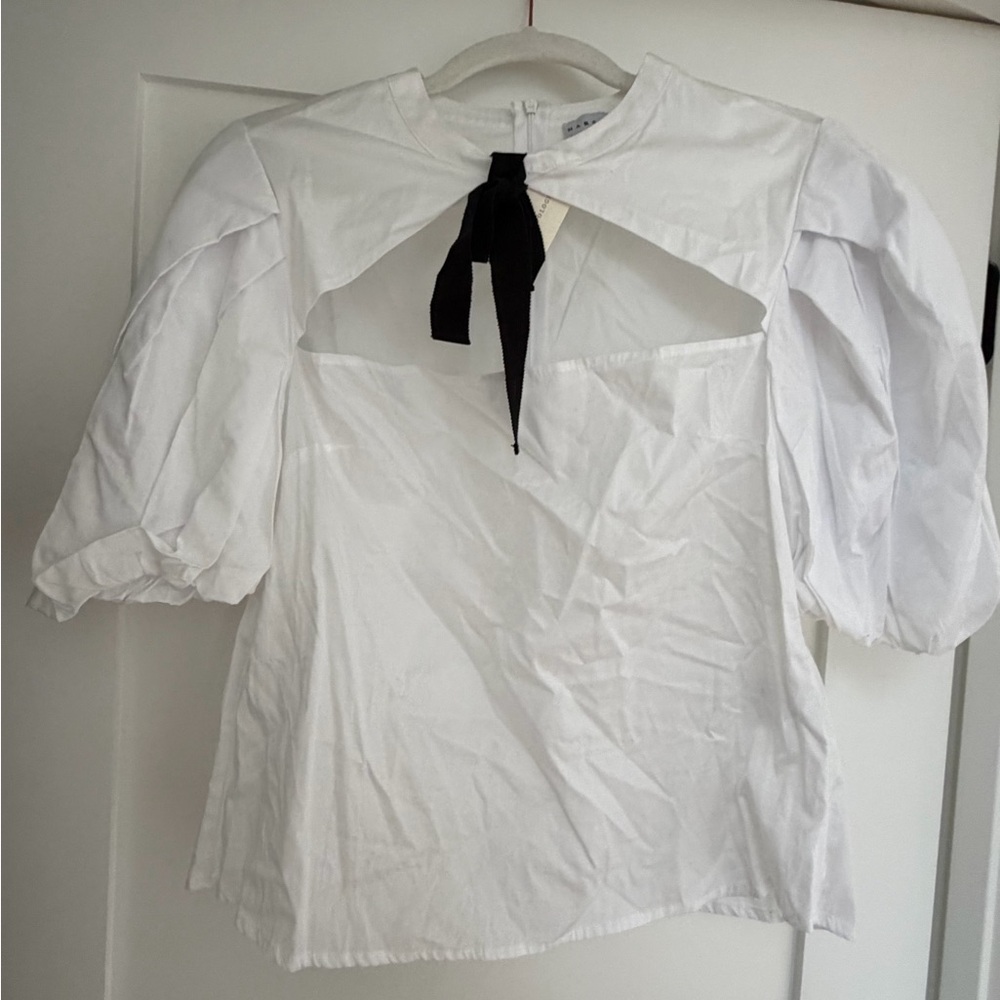 Anthropologie White Puff Sleeve Blouse with Black Ribbon